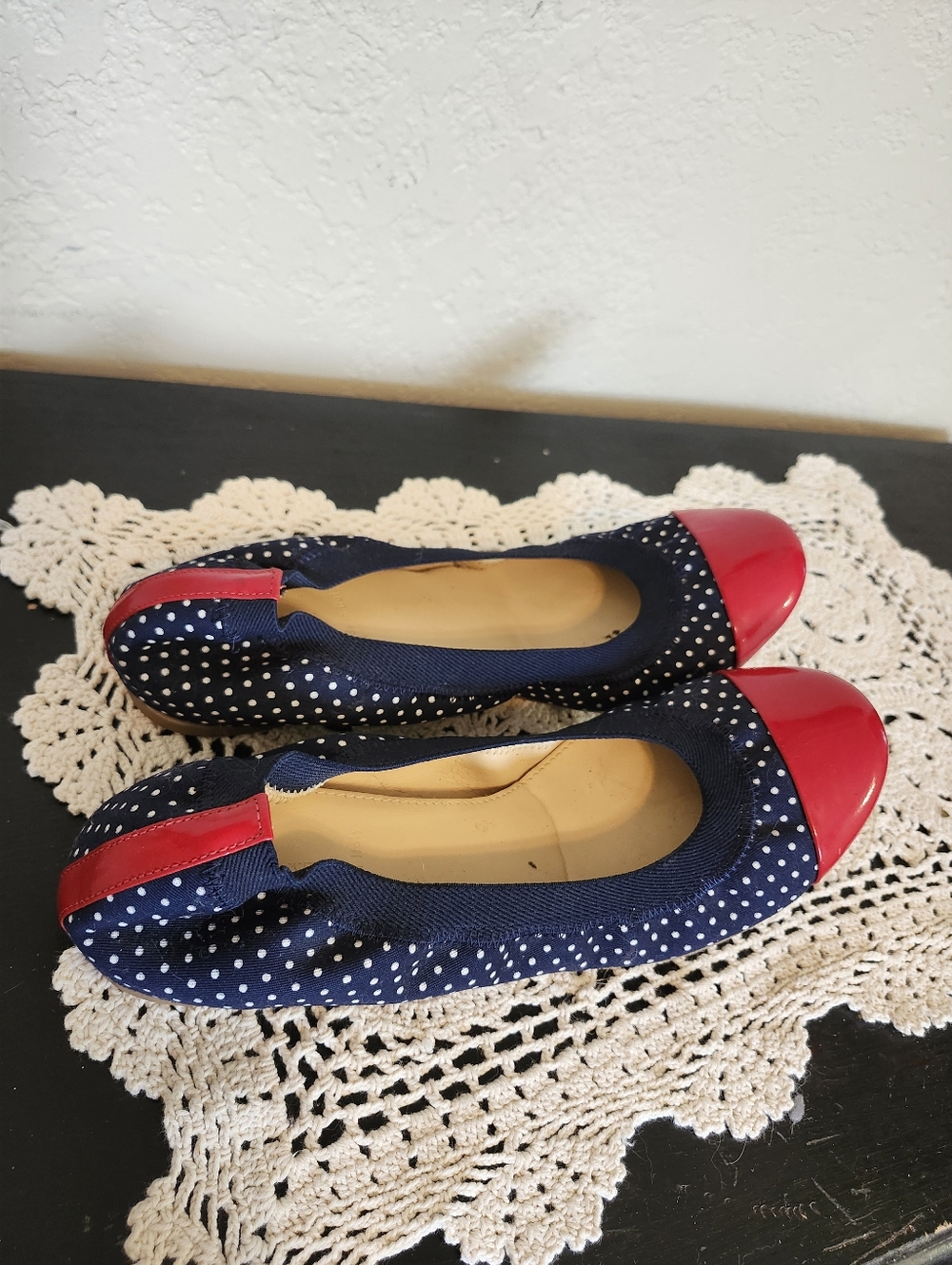 J Crew Navy Polka Dot Ballet Flats with Red Cap Toe 8